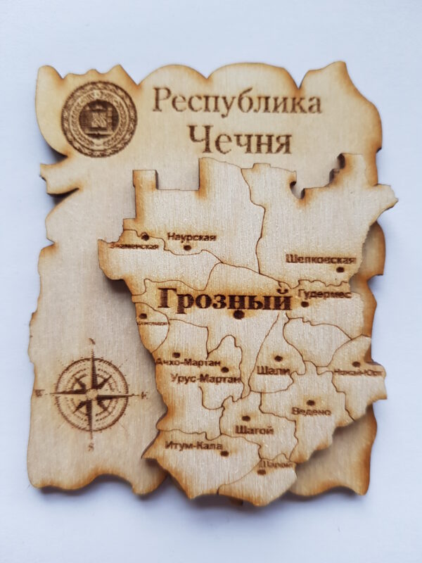 Магнит деревянный Чечня карта. Гравировка двухслойный